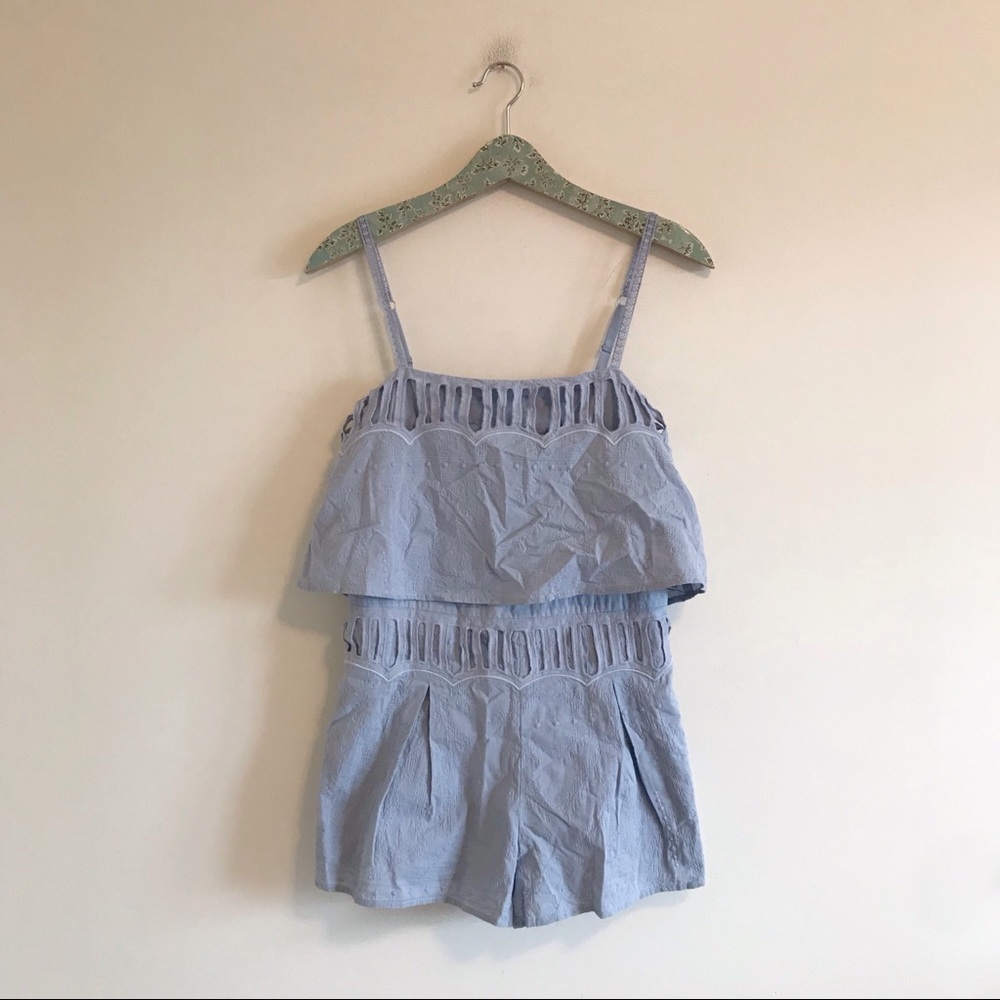 TJD | Blue Tiered Eyelet Lace Romper Blue Cotton